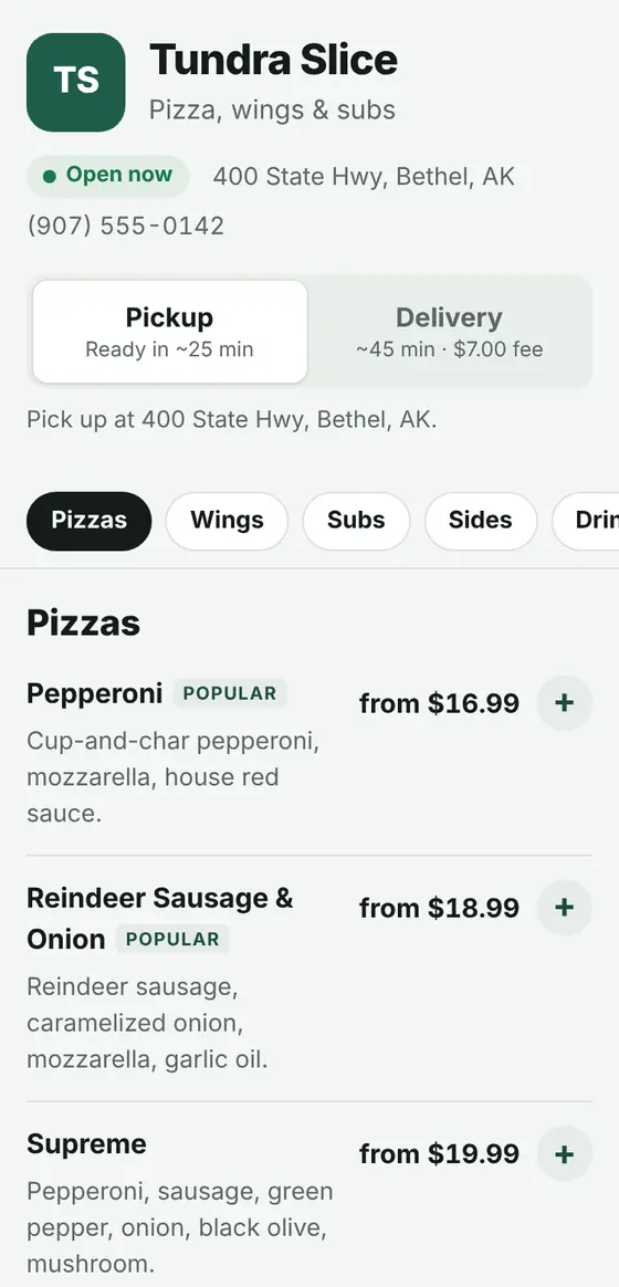 A TIKT ordering page on a phone: the restaurant's name, pickup or delivery, and the menu with prices.