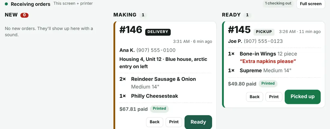 The TIKT orders screen: new, making and ready columns with order tickets.